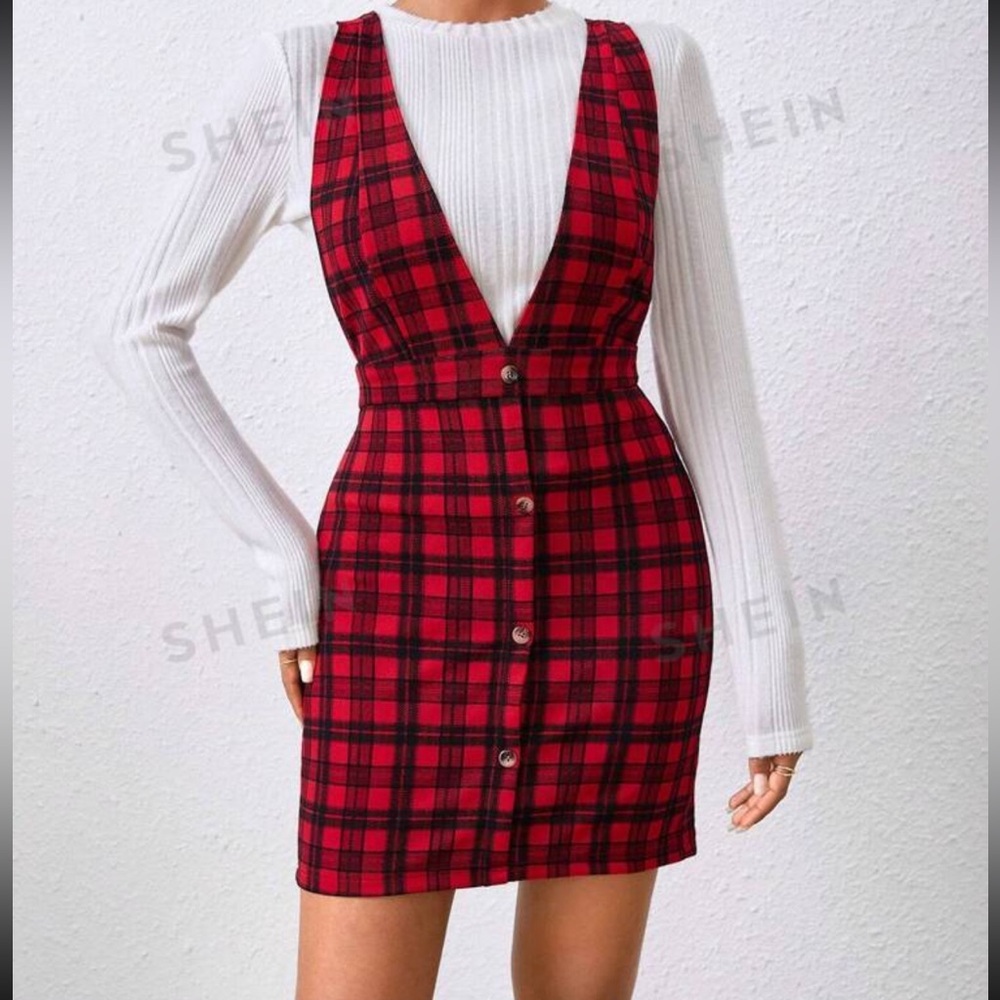 Size Large plaid print button front overall dress w/o tee red and black